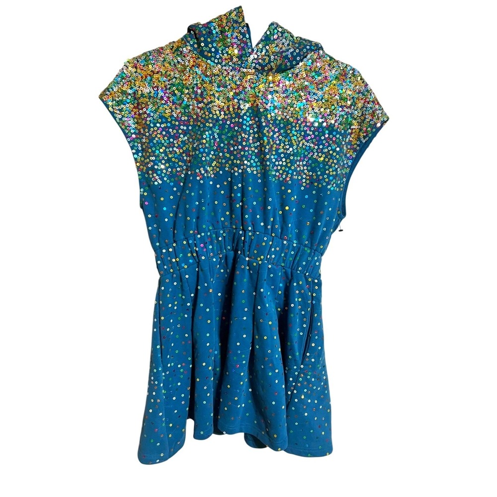 Queen of Sparkles Teal Blue Rainbow Sequin Festival Hoodie Mini Dress Disco Rave